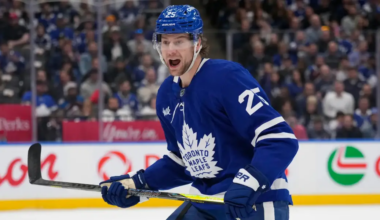 Brandon Carlo skating for the Toronto Maple Leafs