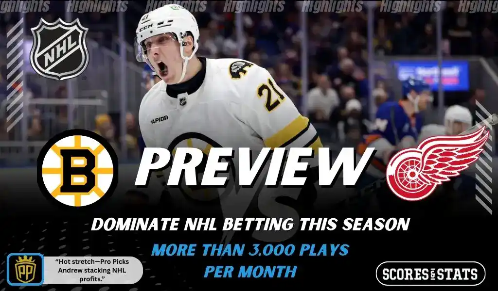 Boston Bruins vs Detroit Red Wings preview graphic featuring NHL matchup promotion for November 29 2025.