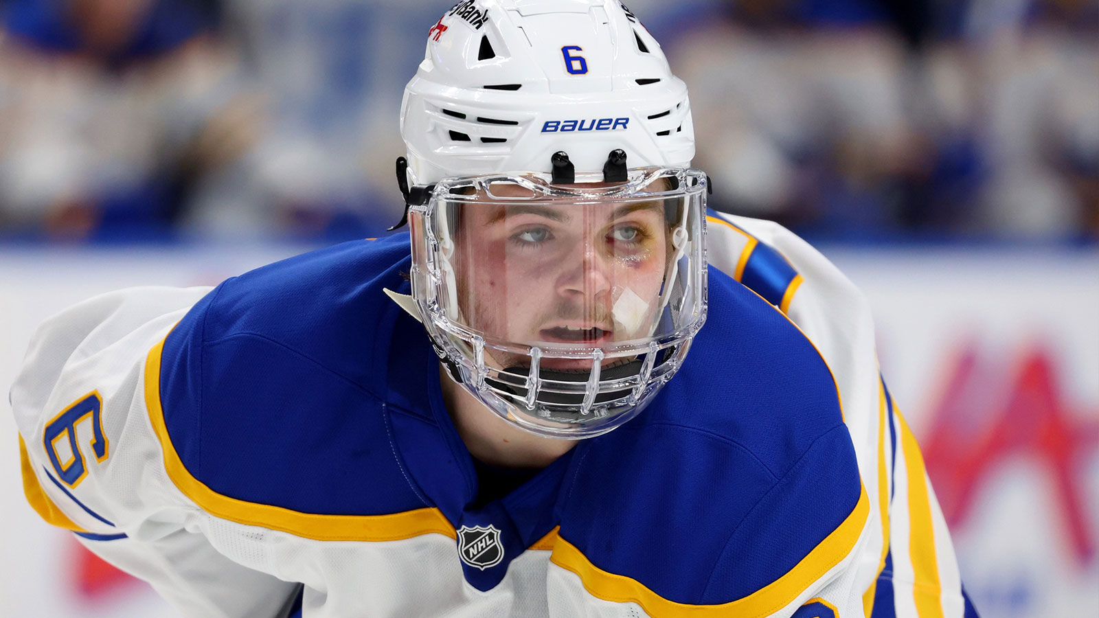  Buffalo Sabres left wing Zach Benson (6) waits for the face-off during the second period against the Ottawa Senators at KeyBank Center. 