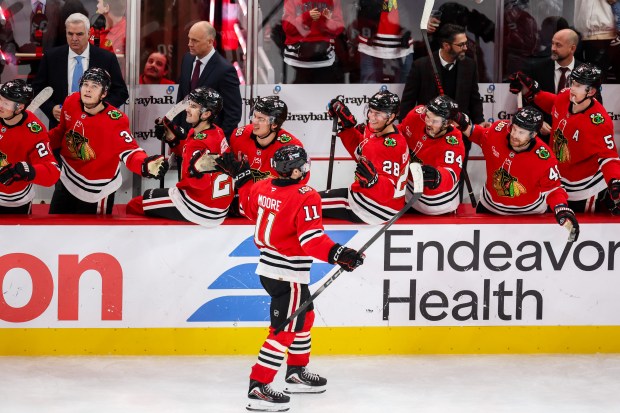 Blackhawks center Oliver Moore (11) and the Blackhawks bench celebrate his goal that brought the Blackhawks up 4-2 during the third period against the Calgary Flames, Nov. 18, 2025, at the United Center. (Dominic Di Palermo/Chicago Tribune)