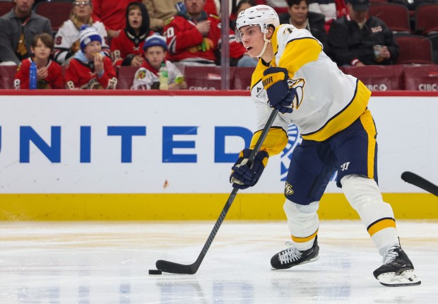 Nashville Predators right wing Matthew Wood (71) scores a goal tying the score 1-1 during the second period against the Blackhawks, Nov. 28, 2025, at the United Center. (Dominic Di Palermo/Chicago Tribune)