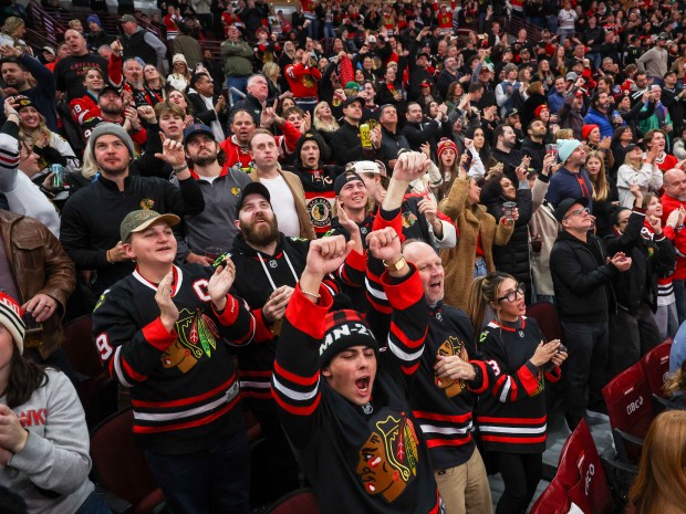 Fans cheer after Blackhawks center Ryan Greene's goal that tied the game 2-2 during the second period against the Nashville Predators, Nov. 28, 2025, at the United Center. (Dominic Di Palermo/Chicago Tribune)