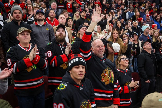 Fans cheer after Blackhawks center Ryan Greene's goal that tied the game 2-2 during the second period against the Nashville Predators, Nov. 28, 2025, at the United Center. (Dominic Di Palermo/Chicago Tribune)