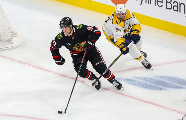 Blackhawks center Frank Nazar (91) handles the puck during the third period against the Nashville Predators, Nov. 28, 2025, at the United Center. (Dominic Di Palermo/Chicago Tribune)