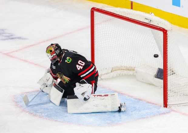 Nashville Predators center Ryan O'Reilly (90) scores a goal past Blackhawks goaltender Arvid Soderblom (40) bringing the score to 4-2 during the third period against the Blackhawks, Nov. 28, 2025, at the United Center. (Dominic Di Palermo/Chicago Tribune)
