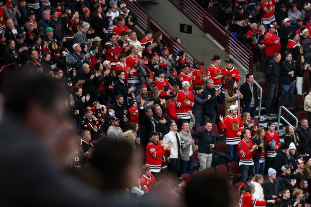 Fans cheer after Blackhawks center Teuvo Teravainen (86) scored a goal during the third period against the Nashville Predators, Nov. 28, 2025, at the United Center. (Dominic Di Palermo/Chicago Tribune)