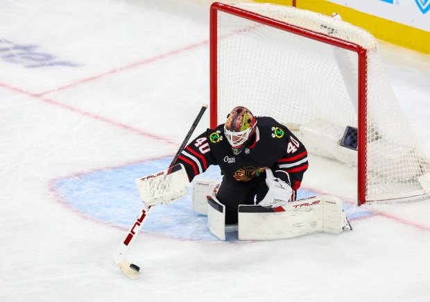 Blackhawks goaltender Arvid Soderblom (40) makes a save during the third period against the Nashville Predators, Nov. 28, 2025, at the United Center. (Dominic Di Palermo/Chicago Tribune)