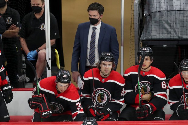 Chicago Blackhawks head coach Jeremy Colliton stands near the bench during the first period against the Nashville Predators at the United Center on March 28, 2021, in Chicago. (Armando L. Sanchez/ChicagoTribune)
