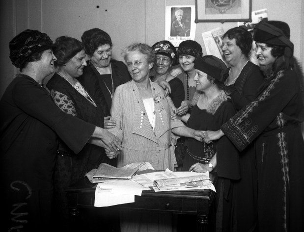 Mrs. D. Summer Hays, Mrs. A.D. Fitch, Catherine Shannon, Judge Mary Bartelme, Miss Huff, Adelaide Bartelme, Helen Miller and Mrs. F.A. Hill Jr. at election headquarters at the Sherman House Hotel, date unknown. (Chicago Herald and Examiner)