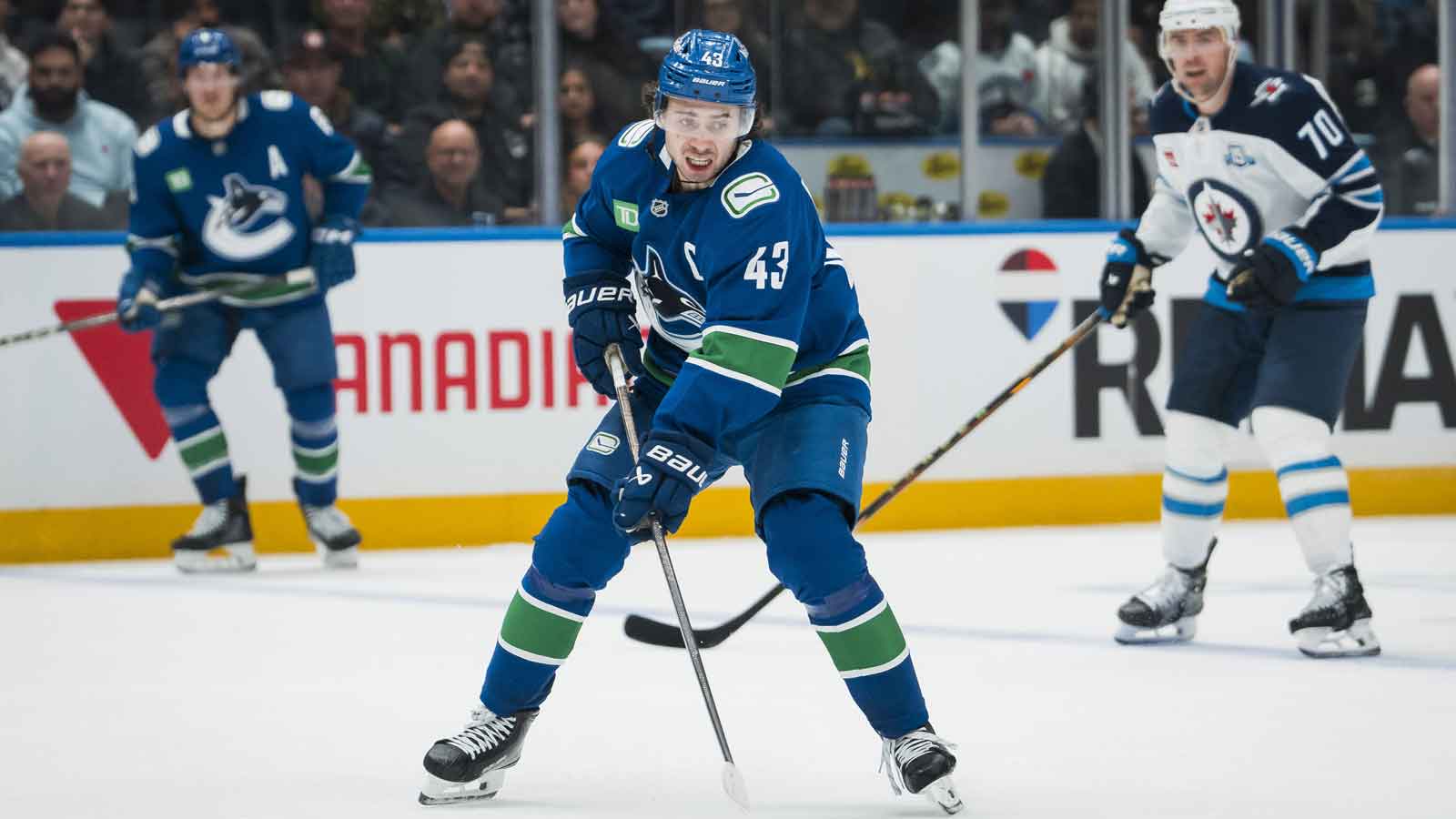 Vancouver Canucks forward Elias Pettersson (40) skates against the New York Rangers in the second period at Rogers Arena.