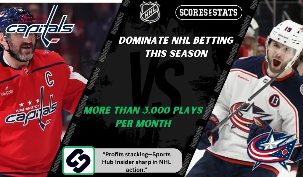 Washington Capitals and Columbus Blue Jackets players featured in a matchup graphic promoting NHL picks and predictions for November 24, 2025, with ScoresAndStats branding