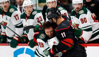 Carolina Hurricanes' Jordan Staal (11) exchanges blows with Minnesota Wild's Tyler Pitlick (19) during the first period of an NHL hockey game in Raleigh, N.C., Thursday, Nov. 6, 2025. (Associated Press)