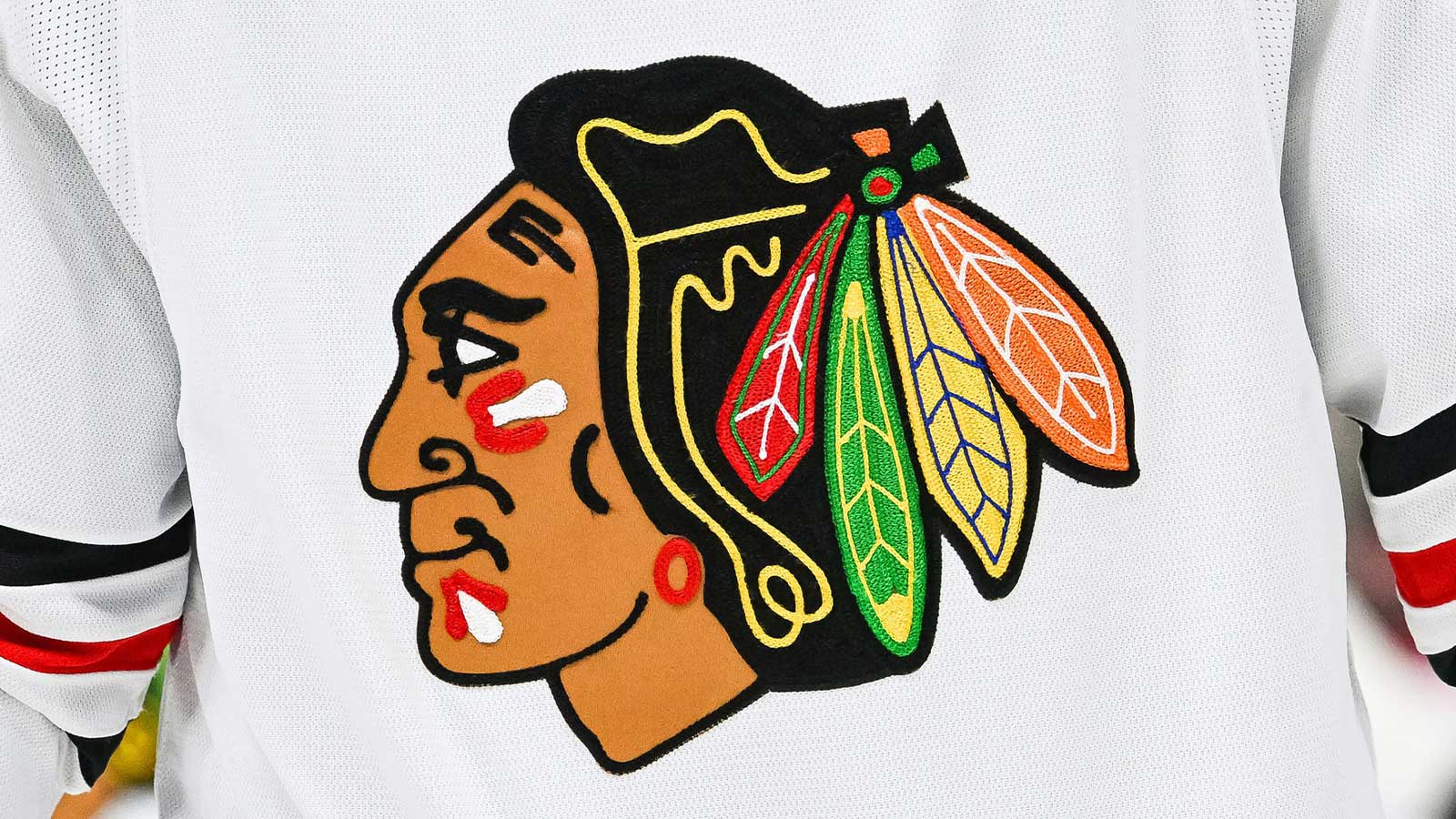 View of a Chicago Blackhawks logo on a jersey worn by a member of the team against the Montreal Canadiens during the third period at Bell Centre.