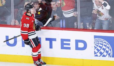 Chicago Blackhawks center Connor Bedard (98) looks on during the first period at United Center.