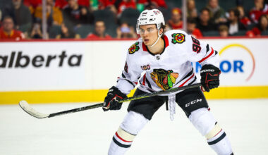 Chicago Blackhawks center Connor Bedard (98) handles the puck during the first period against the Detroit Red Wings at Little Caesars Arena.
