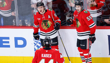 Chicago Blackhawks center Connor Bedard (98) celebrates after scoring against the Calgary Flames during the second period at United Center.