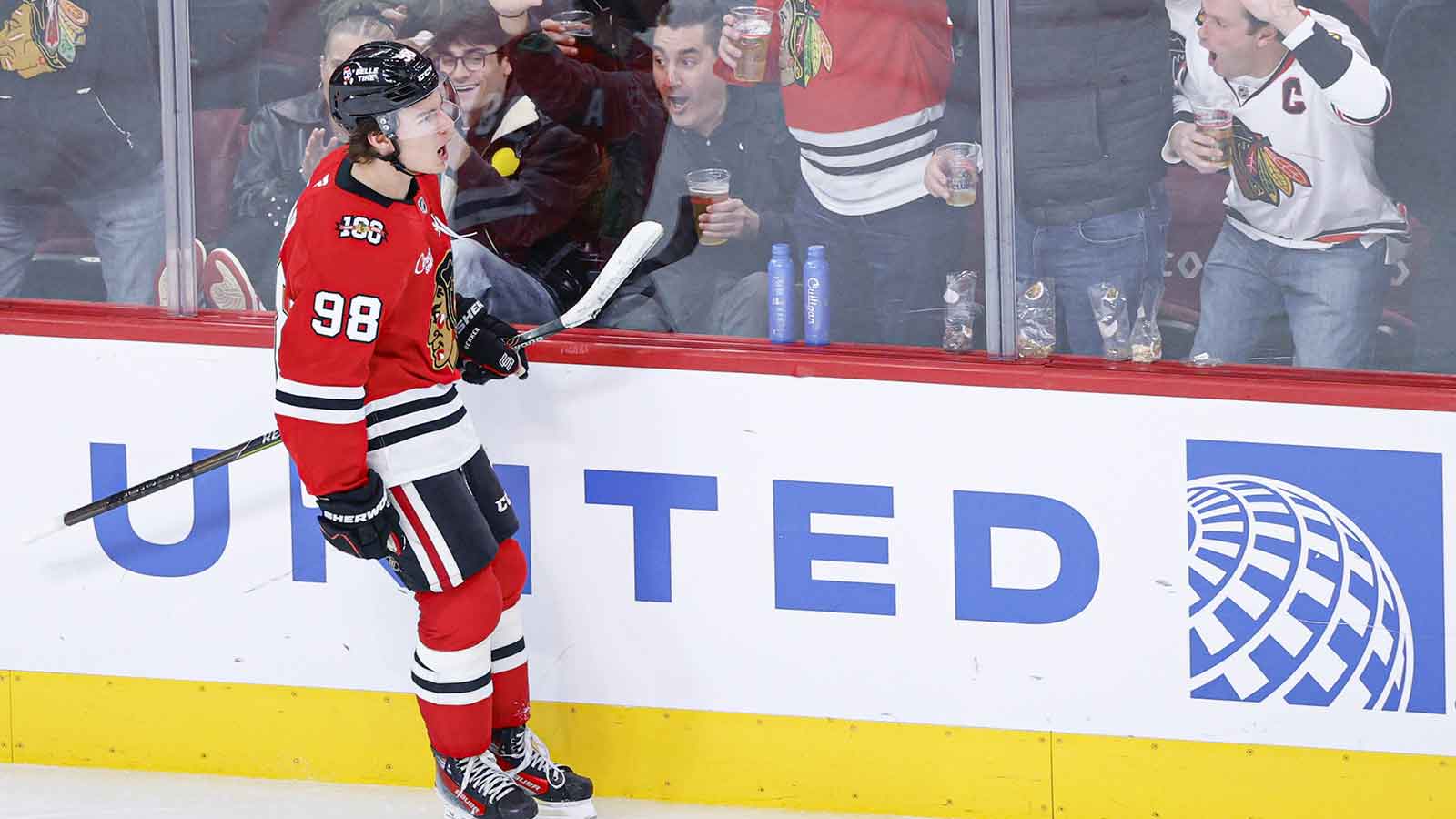 Chicago Blackhawks center Connor Bedard (98) looks on during the first period at United Center.