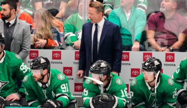 Dallas Stars head coach Glen Gulutzan gives instructions to the team in the third period of an NHL hockey game against the Edmonton Oilers Tuesday, Nov. 4, 2025, in Dallas. (AP Photo/Tony Gutierrez)