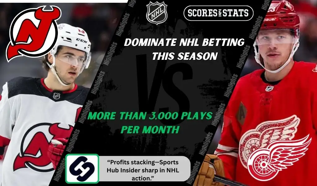 New Jersey Devils and Detroit Red Wings players featured in a matchup graphic promoting NHL picks and predictions for November 24, 2025, with ScoresAndStats branding