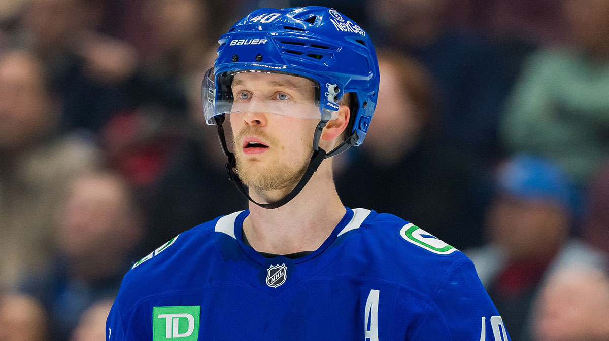 Vancouver Canucks forward Elias Pettersson (40) during a stop in play against Utah Hockey Club in the third period at Rogers Arena.