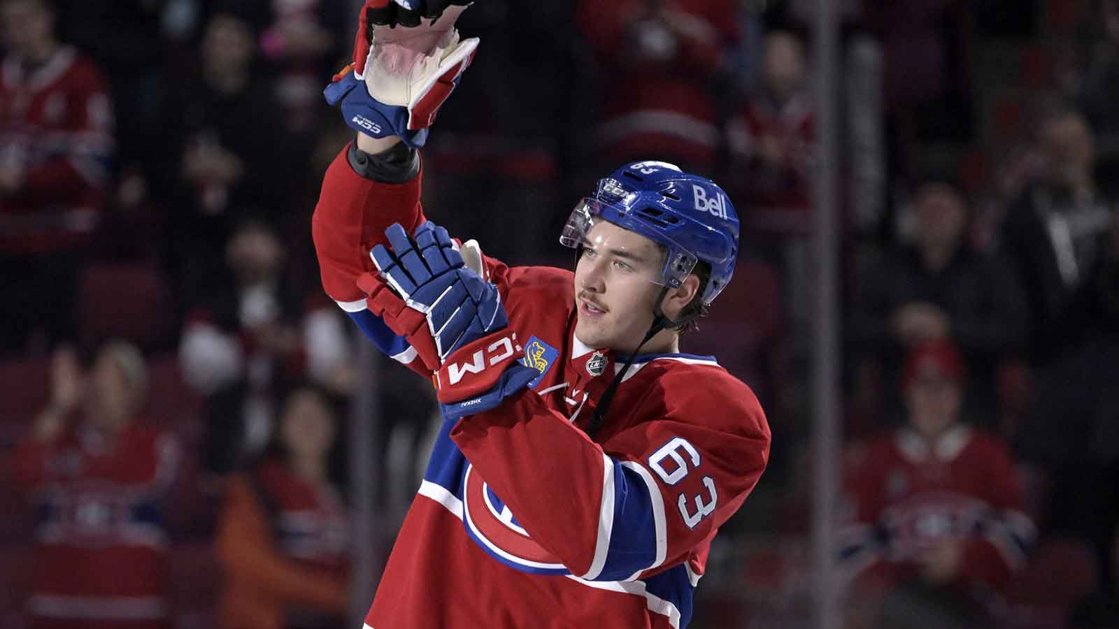 Montreal Canadiens forward Florian Xhekaj (63) celebrates the win against the Toronto Maple Leafs at the Bell Centre. 