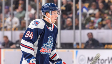 Gabe Perreault skating for the Hartford Wolf Pack