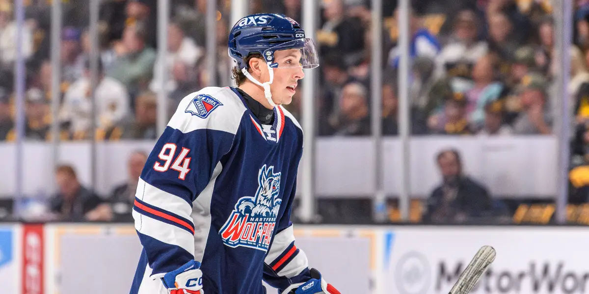 Gabe Perreault skating for the Hartford Wolf Pack