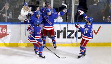NEW YORK, NEW YORK - JUNE 01: Frank Vatrano #77 of the New York Rangers celebrates with his teammates Adam Fox #23, Ryan Lindgren #55 and Chris Kreider #20 after scoring a goal on Andrei Vasilevskiy #88 of the Tampa Bay Lightning during the second period in Game One of the Eastern Conference Final of the 2022 Stanley Cup Playoffs at Madison Square Garden on June 01, 2022 in New York City. (Photo by Sarah Stier/Getty Images)