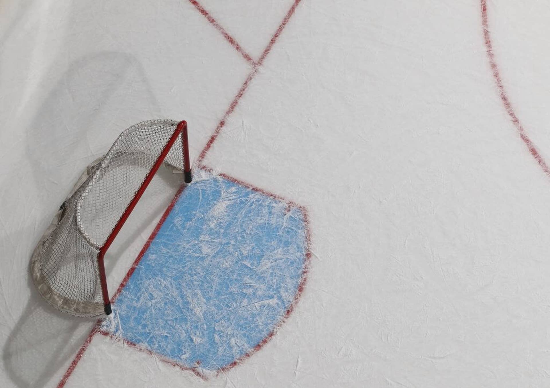A graphic view of the net on the hockey rink photographed prior to the game between the Pittsburgh Penguins and the New York Islanders at the Nassau Veterans Memorial Coliseum on March 29, 2012 in Uniondale, New York.