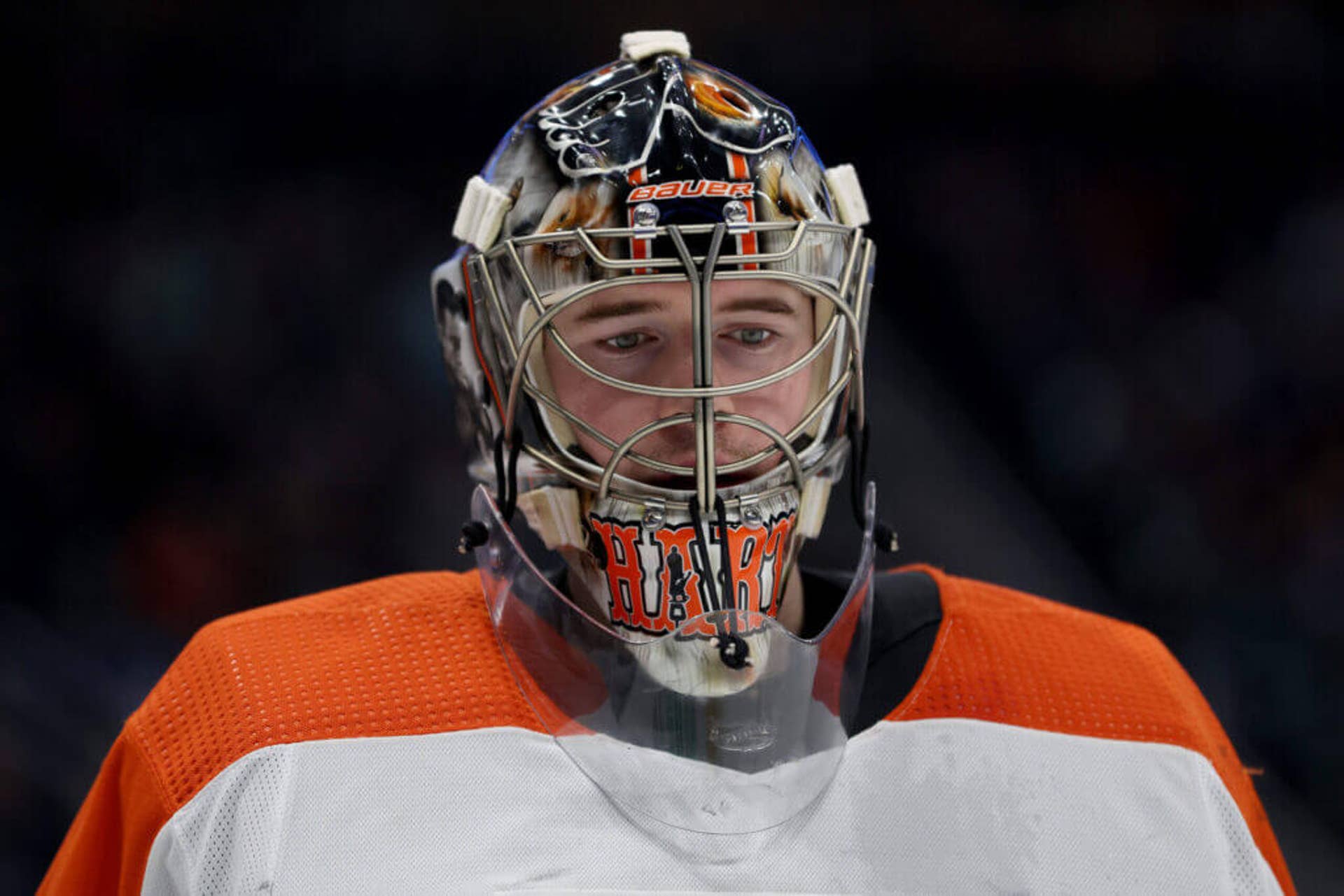 Carter Hart in a game with the Philadelphia Flyers in Dec. 2023.