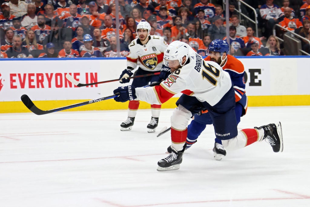 Aleksander Barkov #16 of the Florida Panthers scores a second period goal against the Edmonton Oilers during Game 3 of the 2024 Stanley Cup Final. (Bruce Bennett/Getty Images)