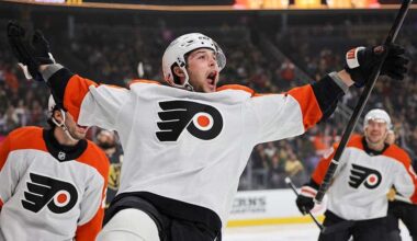LAS VEGAS, NEVADA - JANUARY 02: Tyson Foerster #71 of the Philadelphia Flyers celebrates his first-period goal against the Vegas Golden Knights during their game at T-Mobile Arena on January 02, 2025 in Las Vegas, Nevada.