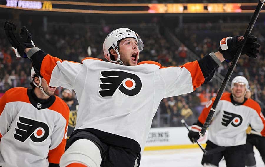 LAS VEGAS, NEVADA - JANUARY 02: Tyson Foerster #71 of the Philadelphia Flyers celebrates his first-period goal against the Vegas Golden Knights during their game at T-Mobile Arena on January 02, 2025 in Las Vegas, Nevada.