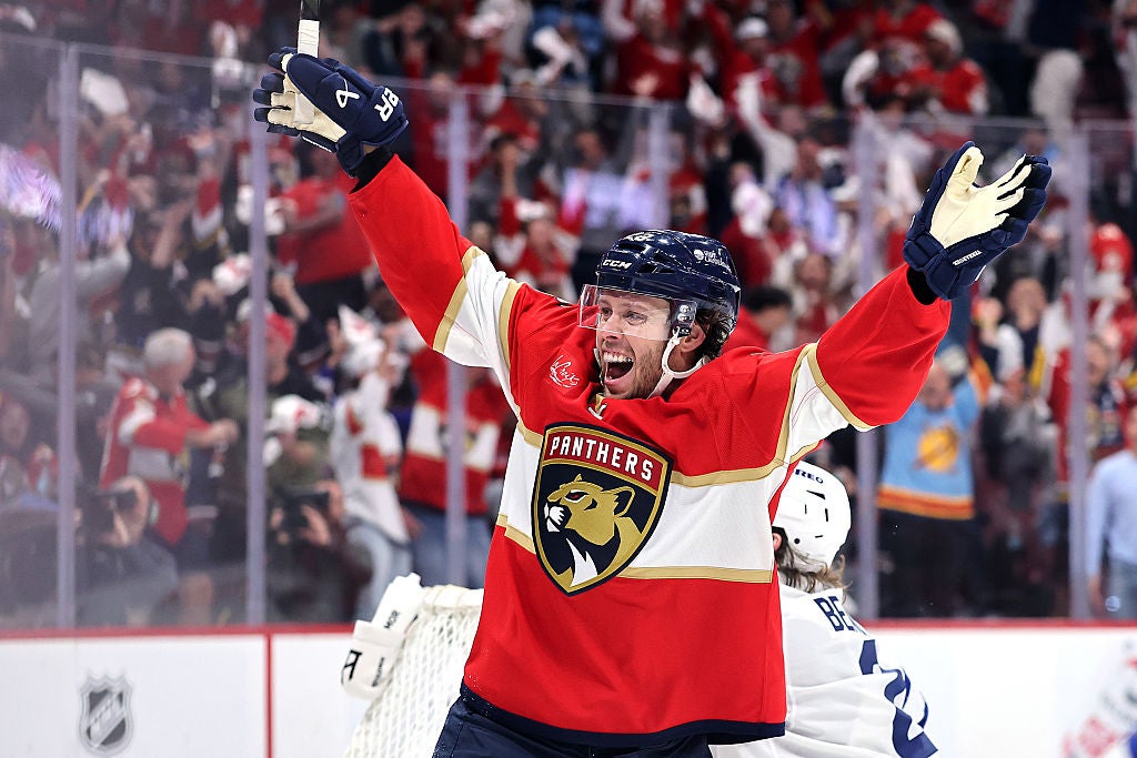 Carter Verhaeghe #23 of the Florida Panthers celebrates after scoring a goal on Joseph Woll #60 of the Toronto Maple Leafs. (Carmen Mandato/Getty Images)