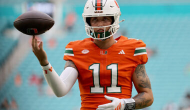 MIAMI GARDENS, FLORIDA - SEPTEMBER 6: Carson Beck #11 of the Miami Hurricanes looks on prior to the game against the Bethune-Cookman Wildcats at Hard Rock Stadium on September 6, 2025 in Miami Gardens, Florida. (Photo by Leonardo Fernandez/Getty Images)