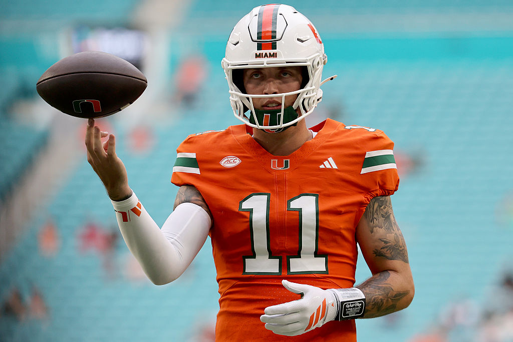 MIAMI GARDENS, FLORIDA - SEPTEMBER 6: Carson Beck #11 of the Miami Hurricanes looks on prior to the game against the Bethune-Cookman Wildcats at Hard Rock Stadium on September 6, 2025 in Miami Gardens, Florida. (Photo by Leonardo Fernandez/Getty Images)