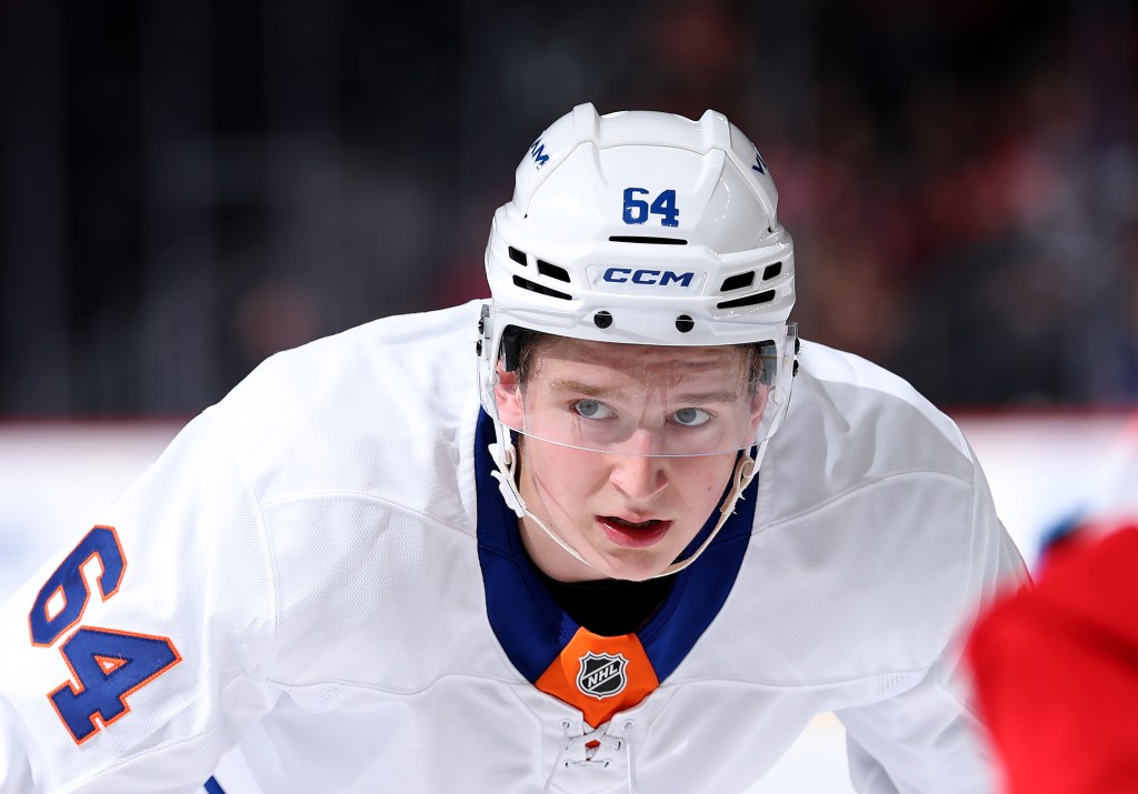 Calum Ritchie #64 of the New York Islanders prepares for a face off against the New Jersey Devils during the first period of a preseason game at Prudential Center on September 23, 2025 in Newark, New Jersey. 