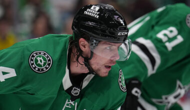 DALLAS, TX - OCTOBER 16: Miro Heiskanen #4 of the Dallas Stars lines up against the Vancouver Canucks at the American Airlines Center on October 16, 2025 in Dallas, Texas. (Photo by Glenn James/NHLI via Getty Images)