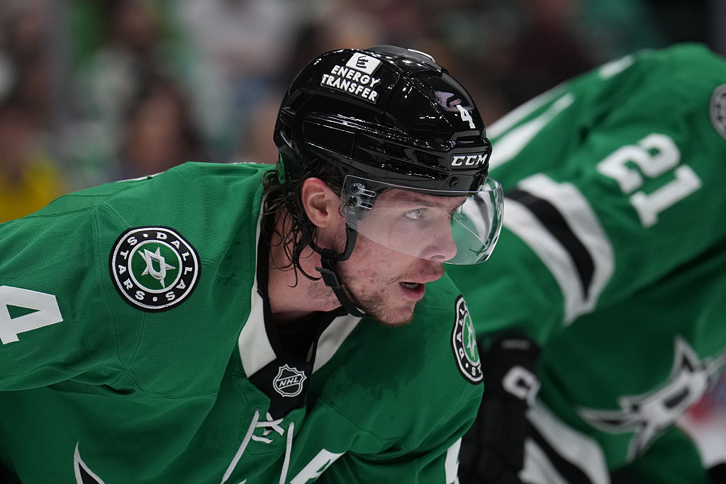 DALLAS, TX - OCTOBER 16: Miro Heiskanen #4 of the Dallas Stars lines up against the Vancouver Canucks at the American Airlines Center on October 16, 2025 in Dallas, Texas. (Photo by Glenn James/NHLI via Getty Images)