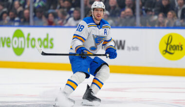 VANCOUVER, CANADA - OCTOBER 13: Robert Thomas #18 of the St. Louis Blues skates during the third period of their NHL game against the Vancouver Canucks at Rogers Arena on October 13, 2025 in Vancouver, British Columbia, Canada. (Photo by Derek Cain/Getty Images)