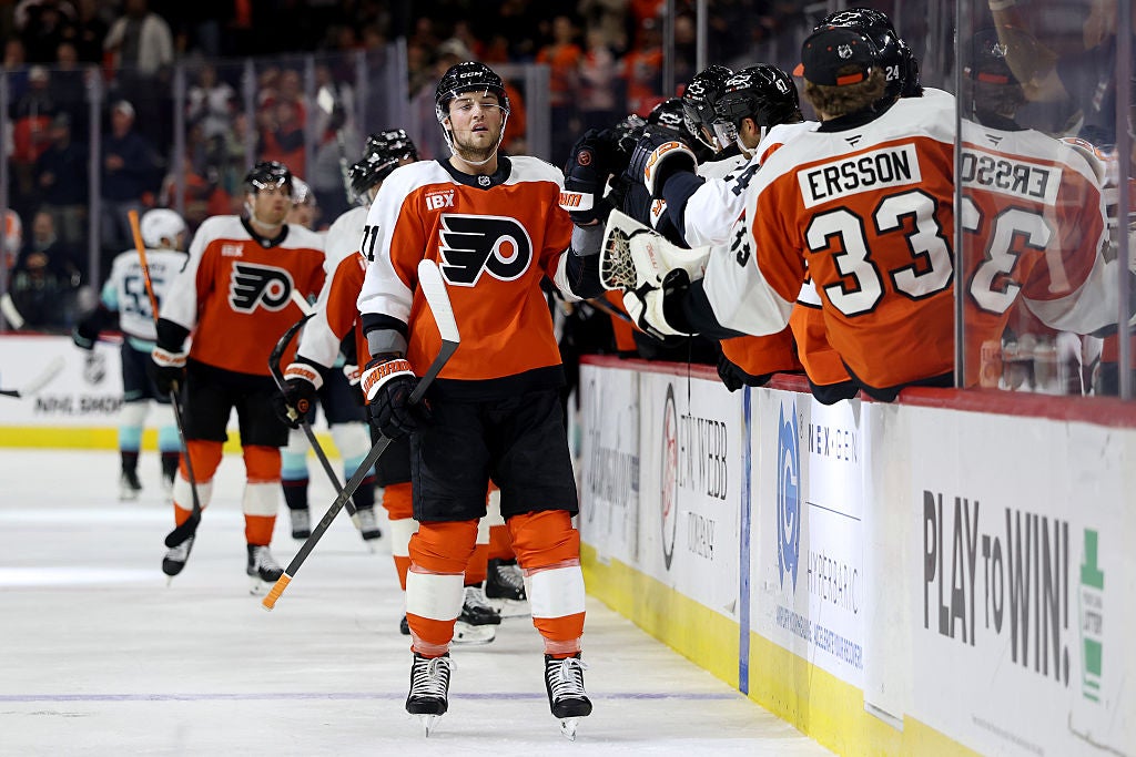 Tyson Foerster and Sam Ersson of the Philadelphia Flyers