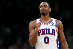 BOSTON, MA - OCTOBER 22: Tyrese Maxey #0 of the Philadelphia 76ers reacts in the fourth quarter of the game against the Boston Celtics at TD Garden on October 22, 2025 in Boston, Massachusetts. NOTE TO USER: User expressly acknowledges and agrees that, by downloading and or using this photograph, User is consenting to the terms and conditions of the Getty Images License Agreement. (Photo by Adam Glanzman/Getty Images)