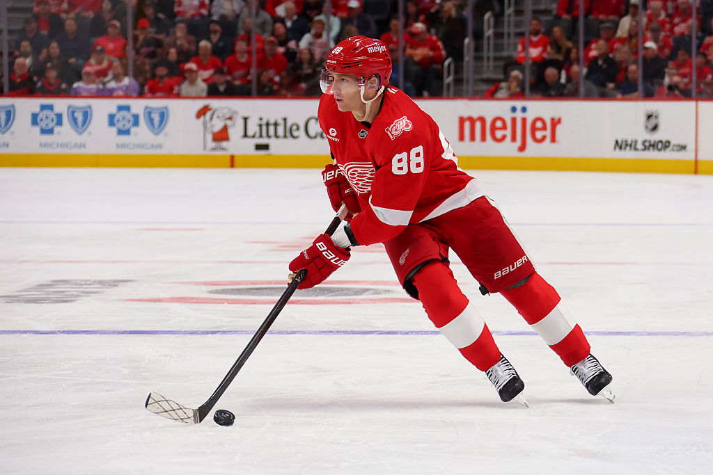DETROIT, MICHIGAN - OCTOBER 15: Patrick Kane #88 of the Detroit Red Wings plays against the Florida Panthers at Little Caesars Arena on October 15, 2025 in Detroit, Michigan. (Photo by Gregory Shamus/Getty Images)