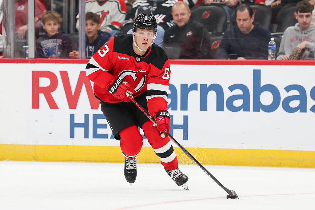 NEWARK, NJ - OCTOBER 26: Jesper Bratt #63 of the New Jersey Devils skates with the puck during a game between the Colorado Avalanche and New Jersey Devils at Prudential Center on October 26, 2025 in Newark, New Jersey. (Photo by Andrew Mordzynski/Icon Sportswire via Getty Images)