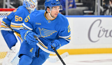 ST. LOUIS, MO - OCTOBER 30: St. Louis Blues center Jordan Kyrou (25) as seen during a NHL game between the Vancouver Canucks and the St. Louis Blues on Oct. 30, 2025, at Enterprise Center, in St. Louis, MO. (Photo by Keith Gillett/Icon Sportswire via Getty Images)