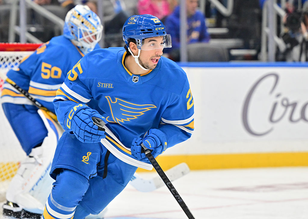 ST. LOUIS, MO - OCTOBER 30: St. Louis Blues center Jordan Kyrou (25) as seen during a NHL game between the Vancouver Canucks and the St. Louis Blues on Oct. 30, 2025, at Enterprise Center, in St. Louis, MO. (Photo by Keith Gillett/Icon Sportswire via Getty Images)