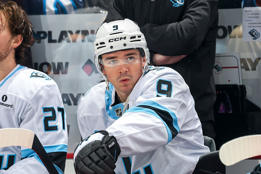 WINNIPEG, CANADA - OCTOBER 26: Clayton Keller #9 of the Utah Mammoth looks on from the bench prior to NHL action against the Winnipeg Jets at Canada Life Centre on October 26, 2025 in Winnipeg, Manitoba, Canada. (Photo by Jonathan Kozub/NHLI via Getty Images)