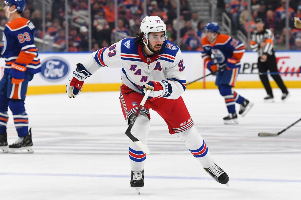 Mika Zibanejad in action during the game against the Edmonton Oilers at Rogers Place on October 30, 2025, in Edmonton, Alberta, Canada.