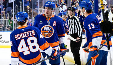 ELMONT, NEW YORK - NOVEMBER 04: Bo Horvat #14 of the New York Islanders celebrates a third period goal at 5:05 against the Boston Bruins at UBS Arena on November 04, 2025 in Elmont, New York. (Photo by Steven Ryan/NHLI via Getty Images)