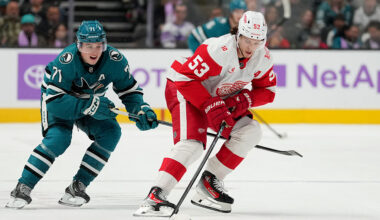SAN JOSE, CALIFORNIA - NOVEMBER 02: Moritz Seider #53 of the Detroit Red Wings skates with the puck against the San Jose Sharks in overtime of an NHL hockey game at SAP Center on November 02, 2025 in San Jose, California. (Photo by Thearon W. Henderson/Getty Images)